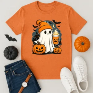 Cozy Ghost with Coffee Shirt – Cute Halloween Graphic Tee – Pumpkin Spice Ghost T-Shirt