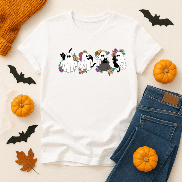 Ghosts and Cats Halloween Shirt – Cute Ghost Graphic Tee with Flowers - Image 2