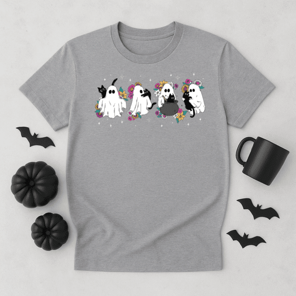 Ghosts and Cats Halloween Shirt – Cute Ghost Graphic Tee with Flowers - Image 3