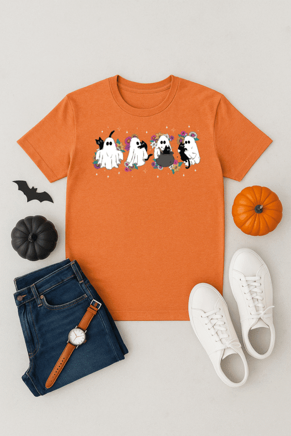 Ghosts and Cats Halloween Shirt – Cute Ghost Graphic Tee with Flowers - Image 5