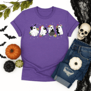 Ghosts and Cats Halloween Shirt – Cute Ghost Graphic Tee with Flowers