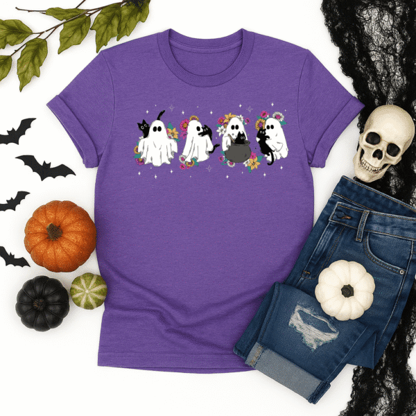 Ghosts and Cats Halloween Shirt – Cute Ghost Graphic Tee with Flowers