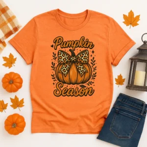 Pumpkin Season Shirt – Leopard Bow Pumpkin Tee – Trendy Fall Autumn Graphic T-Shirt – Cute Pumpkin Patch Outfit