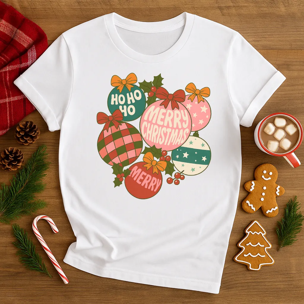 Retro Christmas Ornaments Shirt – Vintage Holiday Tee – Merry Christmas Graphic T-Shirt - Image 4