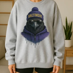 Baltimore Spirit Animal Football Sweatshirt – Cool Aviator Sunglasses Raven Graphic – Trendy Streetwear Animal Crewneck – Urban Baltimore Vibes Pullover