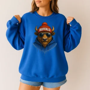 Buffalo Spirit Animal Football Sweatshirt – Cool Aviator Sunglasses Bison Graphic – Trendy Streetwear Animal Crewneck – Urban Buffalo Vibes Pullover
