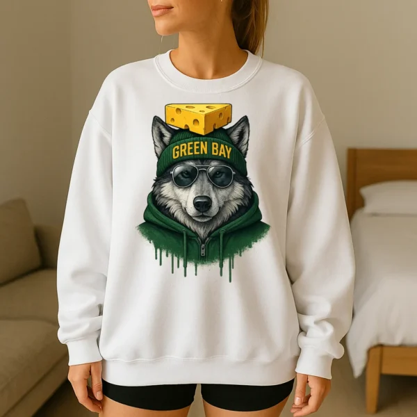 Green Bay Spirit Animal Football Sweatshirt – Cool Aviator Sunglasses Wolf Graphic – Trendy Streetwear Animal Crewneck – Urban Green Bay Vibes Pullover - Image 5