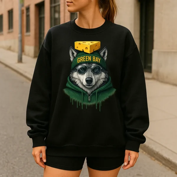 Green Bay Spirit Animal Football Sweatshirt – Cool Aviator Sunglasses Wolf Graphic – Trendy Streetwear Animal Crewneck – Urban Green Bay Vibes Pullover - Image 4