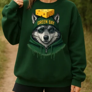 Green Bay Spirit Animal Football Sweatshirt – Cool Aviator Sunglasses Wolf Graphic – Trendy Streetwear Animal Crewneck – Urban Green Bay Vibes Pullover