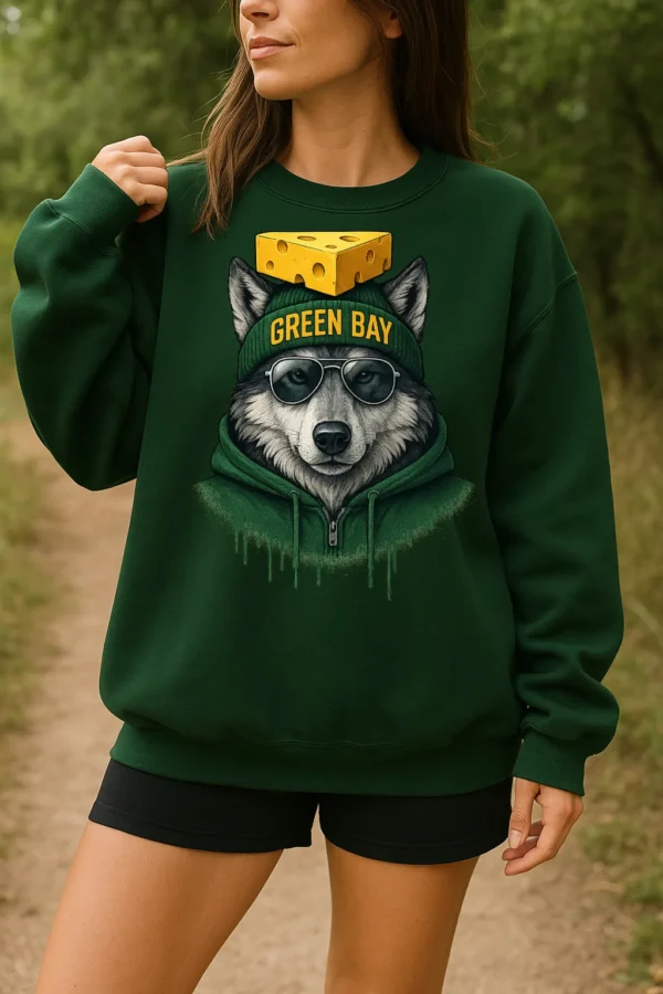 Green Bay Spirit Animal Football Sweatshirt – Cool Aviator Sunglasses Wolf Graphic – Trendy Streetwear Animal Crewneck – Urban Green Bay Vibes Pullover