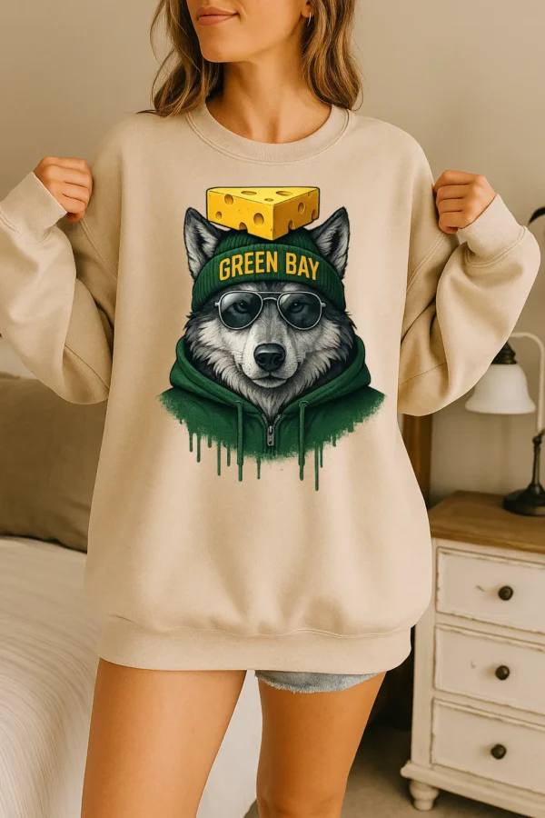 Green Bay Spirit Animal Football Sweatshirt – Cool Aviator Sunglasses Wolf Graphic – Trendy Streetwear Animal Crewneck – Urban Green Bay Vibes Pullover - Image 3