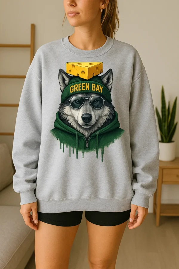 Green Bay Spirit Animal Football Sweatshirt – Cool Aviator Sunglasses Wolf Graphic – Trendy Streetwear Animal Crewneck – Urban Green Bay Vibes Pullover - Image 2