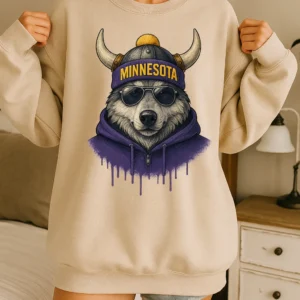 Minnesota Spirit Animal Football Sweatshirt – Cool Aviator Sunglasses Wolf Graphic – Trendy Streetwear Animal Crewneck – Urban Minnesota Vibes Pullover
