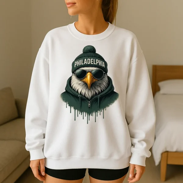 Philadelphia Spirit Animal Football Sweatshirt – Cool Aviator Sunglasses Eagle Graphic – Trendy Streetwear Animal Crewneck – Urban Philadelphia Vibes Pullover - Image 5