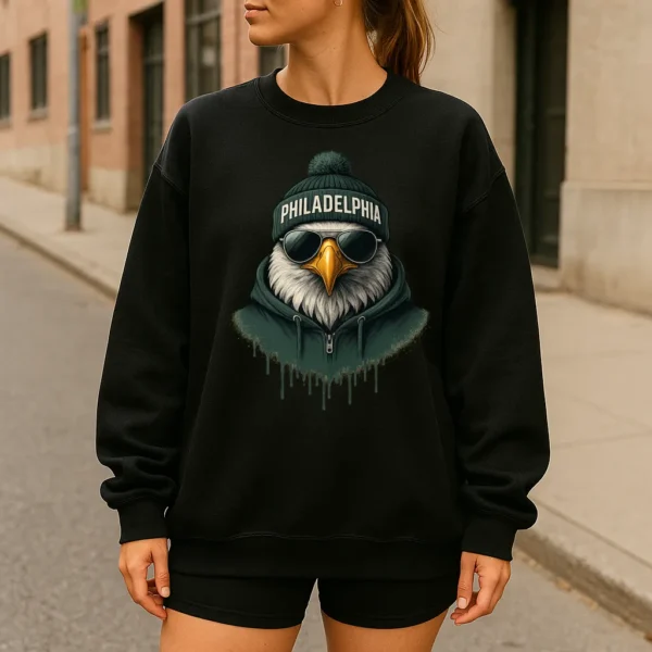 Philadelphia Spirit Animal Football Sweatshirt – Cool Aviator Sunglasses Eagle Graphic – Trendy Streetwear Animal Crewneck – Urban Philadelphia Vibes Pullover - Image 4