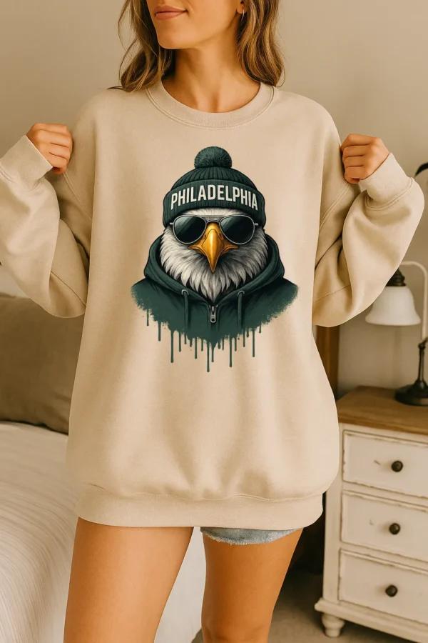 Philadelphia Spirit Animal Football Sweatshirt – Cool Aviator Sunglasses Eagle Graphic – Trendy Streetwear Animal Crewneck – Urban Philadelphia Vibes Pullover - Image 3