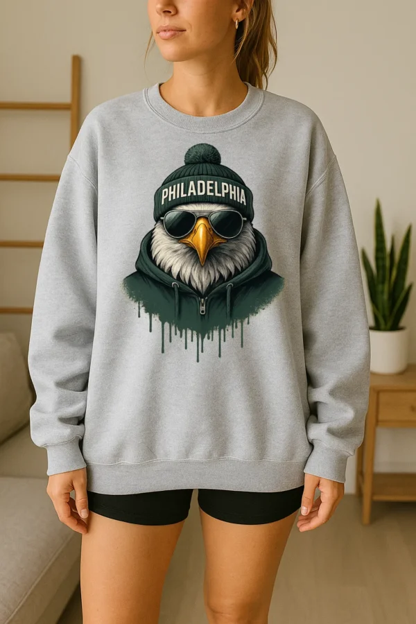 Philadelphia Spirit Animal Football Sweatshirt – Cool Aviator Sunglasses Eagle Graphic – Trendy Streetwear Animal Crewneck – Urban Philadelphia Vibes Pullover - Image 2